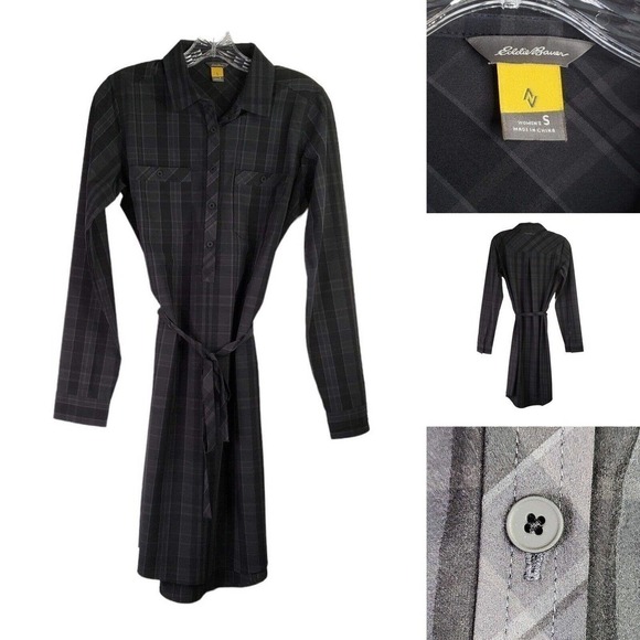 Eddie Bauer Travex Dress Women's Size Small Gray Black Plaid Button Front Belt - Picture 1 of 9